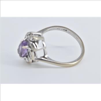 14K Oval Amethyst Diamond Halo Swirl Cluster White Gold Ring, Size 5.5