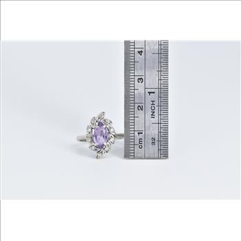 14K Oval Amethyst Diamond Halo Swirl Cluster White Gold Ring, Size 5.5