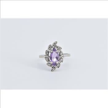 14K Oval Amethyst Diamond Halo Swirl Cluster White Gold Ring, Size 5.5