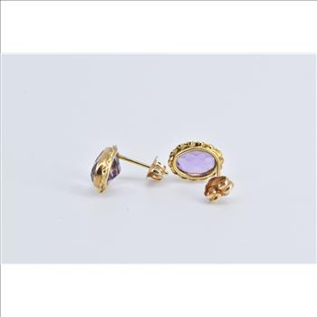 14K Oval Amethyst Vintage Rope Trim Stud Yellow Gold Earrings