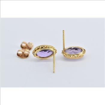 14K Oval Amethyst Vintage Rope Trim Stud Yellow Gold Earrings