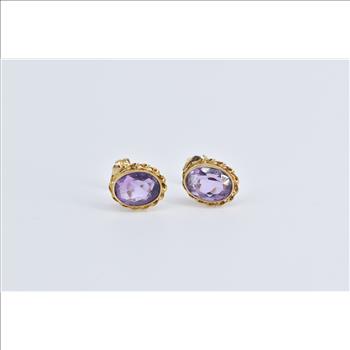 14K Oval Amethyst Vintage Rope Trim Stud Yellow Gold Earrings