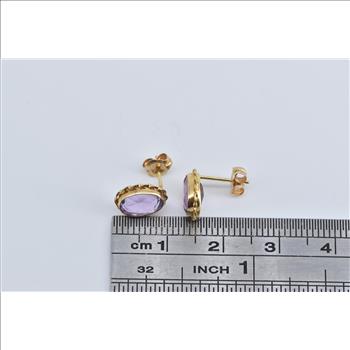 14K Oval Amethyst Vintage Rope Trim Stud Yellow Gold Earrings