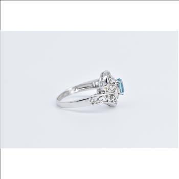 14K Oval Blue Topaz Diamond Filigree Statement White Gold Ring, Size 5.75