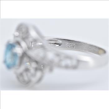 14K Oval Blue Topaz Diamond Filigree Statement White Gold Ring, Size 5.75