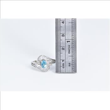 14K Oval Blue Topaz Diamond Filigree Statement White Gold Ring, Size 5.75