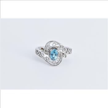 14K Oval Blue Topaz Diamond Filigree Statement White Gold Ring, Size 5.75