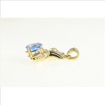 14K Oval Blue Topaz Diamond Freeform Yellow Gold Pendant