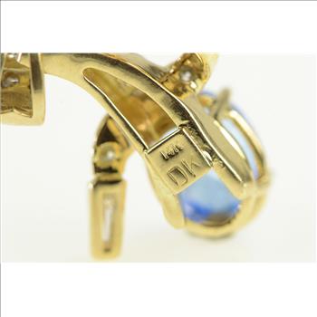 14K Oval Blue Topaz Diamond Freeform Yellow Gold Pendant