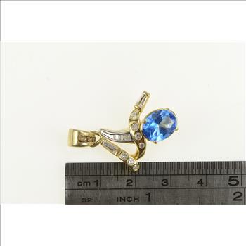 14K Oval Blue Topaz Diamond Freeform Yellow Gold Pendant