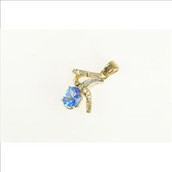 14K Oval Blue Topaz Diamond Freeform Yellow Gold Pendant