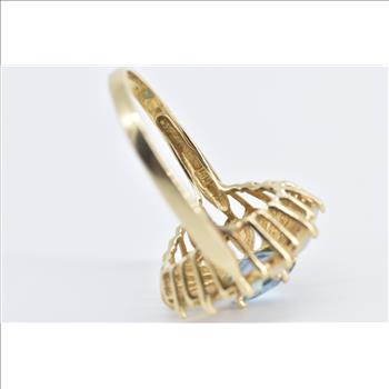 14K Oval Blue Topaz Marquise Opal Flower Cocktail Yellow Gold Ring, Size 9