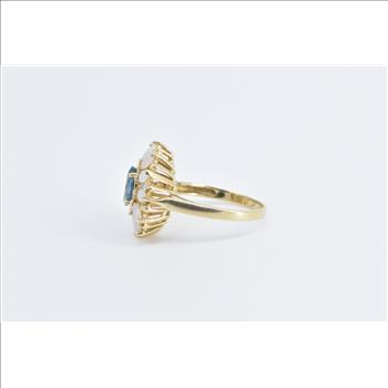 14K Oval Blue Topaz Marquise Opal Flower Cocktail Yellow Gold Ring, Size 9