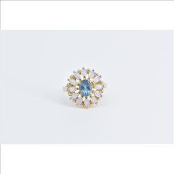 14K Oval Blue Topaz Marquise Opal Flower Cocktail Yellow Gold Ring, Size 9