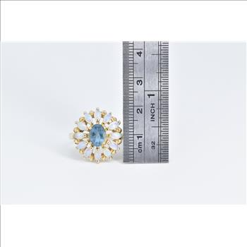 14K Oval Blue Topaz Marquise Opal Flower Cocktail Yellow Gold Ring, Size 9