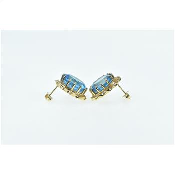 14K Oval Blue Topaz Vintage Twist Trim Statement Stud Yellow Gold Earrings