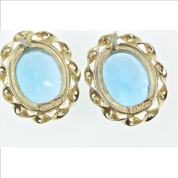 14K Oval Blue Topaz Vintage Twist Trim Statement Stud Yellow Gold Earrings