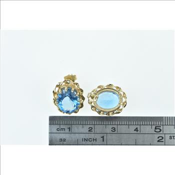 14K Oval Blue Topaz Vintage Twist Trim Statement Stud Yellow Gold Earrings