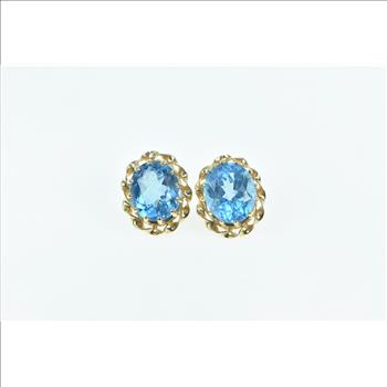 14K Oval Blue Topaz Vintage Twist Trim Statement Stud Yellow Gold Earrings