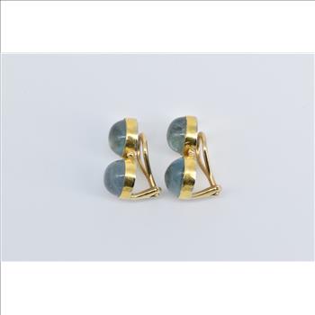 14K Oval Cabochon Blue Topaz Bezel Clip Back Yellow Gold Earrings