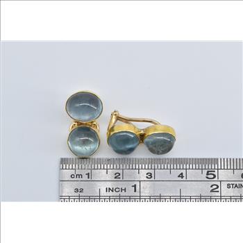 14K Oval Cabochon Blue Topaz Bezel Clip Back Yellow Gold Earrings
