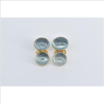 14K Oval Cabochon Blue Topaz Bezel Clip Back Yellow Gold Earrings