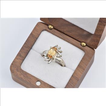 14K Oval Citrine Baguette Diamond Halo Statement White Gold Ring, Size 8.5