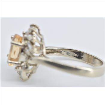 14K Oval Citrine Baguette Diamond Halo Statement White Gold Ring, Size 8.5