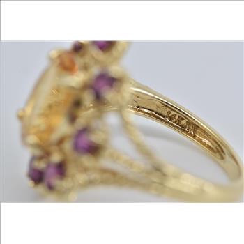 14K Oval Citrine Purple Tourmaline Halo Cocktail Yellow Gold Ring, Size 5