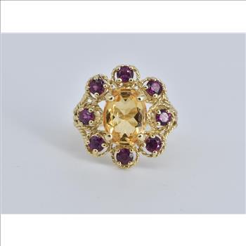 14K Oval Citrine Purple Tourmaline Halo Cocktail Yellow Gold Ring, Size 5