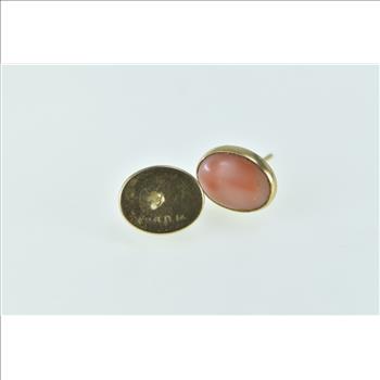 14K Oval Coral Cabochon Vintage Bezel Stud Yellow Gold Earrings
