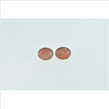 14K Oval Coral Cabochon Vintage Bezel Stud Yellow Gold Earrings