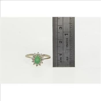 14K Oval Emerald Diamond Halo Engagement White Gold Ring, Size 6.25