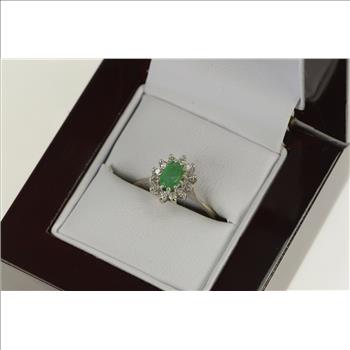 14K Oval Emerald Diamond Halo Engagement White Gold Ring, Size 6.25