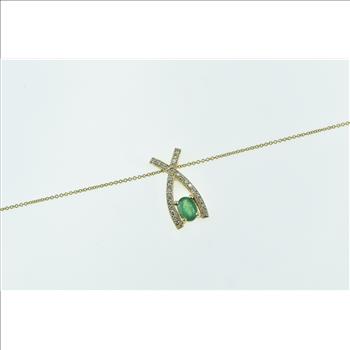 14K Oval Emerald Diamond X Criss Cross Chain Yellow Gold Necklace 16