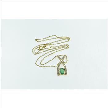 14K Oval Emerald Diamond X Criss Cross Chain Yellow Gold Necklace 16