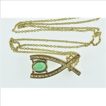 14K Oval Emerald Diamond X Criss Cross Chain Yellow Gold Necklace 16