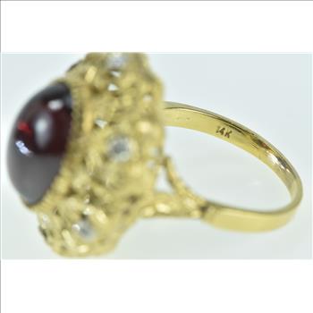 14K Oval Garnet Cabochon Diamond Leaf Filigree Yellow Gold Ring, Size 8.75