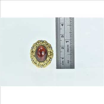 14K Oval Garnet Cabochon Diamond Leaf Filigree Yellow Gold Ring, Size 8.75