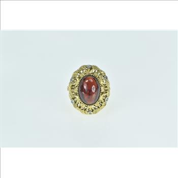 14K Oval Garnet Cabochon Diamond Leaf Filigree Yellow Gold Ring, Size 8.75