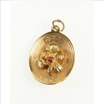 14K Oval Good Luck Sim. Ruby Flower Design Yellow Gold Charm/Pendant