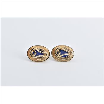 14K Oval Lapis Lazuli Cabochon Scalloped French Clip Yellow Gold Earrings