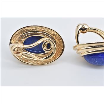 14K Oval Lapis Lazuli Cabochon Scalloped French Clip Yellow Gold Earrings