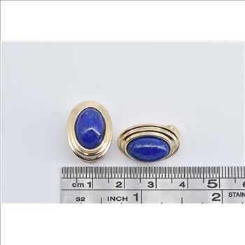 14K Oval Lapis Lazuli Cabochon Scalloped French Clip Yellow Gold Earrings