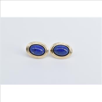 14K Oval Lapis Lazuli Cabochon Scalloped French Clip Yellow Gold Earrings