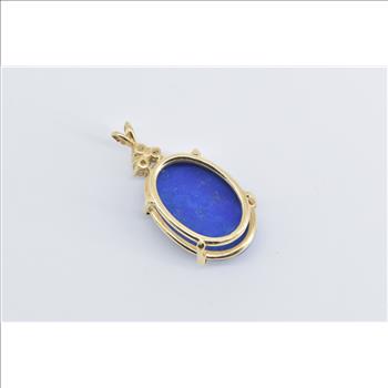 14K Oval Lapis Lazuli Natural Diamond Vintage Yellow Gold Pendant
