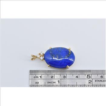 14K Oval Lapis Lazuli Natural Diamond Vintage Yellow Gold Pendant