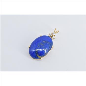 14K Oval Lapis Lazuli Natural Diamond Vintage Yellow Gold Pendant