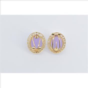 14K Oval Lilac Jadeite Greek Wave French Clip Yellow Gold Earrings