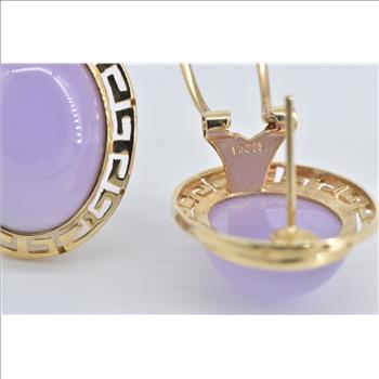 14K Oval Lilac Jadeite Greek Wave French Clip Yellow Gold Earrings